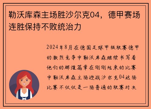 勒沃库森主场胜沙尔克04，德甲赛场连胜保持不败统治力